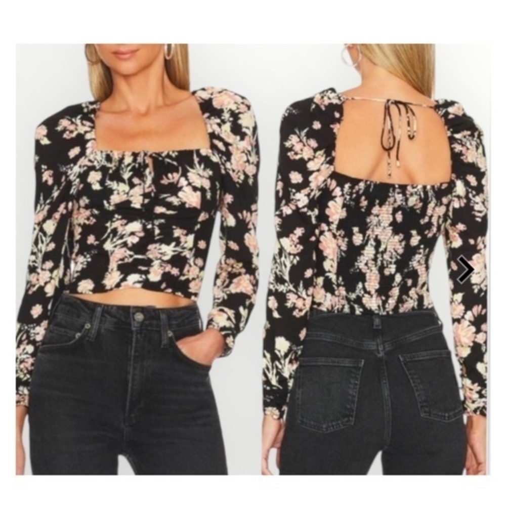 Free People Hillary Square Neck Poof Long Sleeve Floral Keyhole Crop Top M NWOT